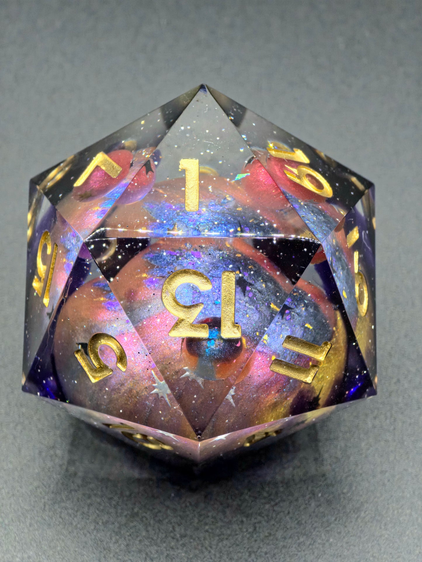 Large Polyhedral D20 "Celestial Sphere" 55 mm – Handcrafted Premium Resin Cube with 4 Planets & Galaxy Effect | Unique Piece | DnD