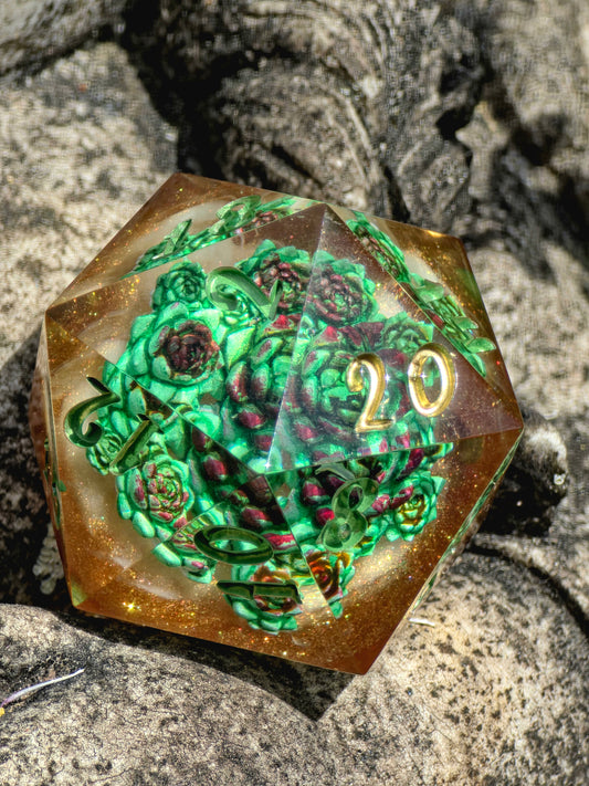 D20 Die 35mm Succulent - Handmade Resin Dice, Green Gold DnD Dice, Single RPG Die, Gift for Gamers