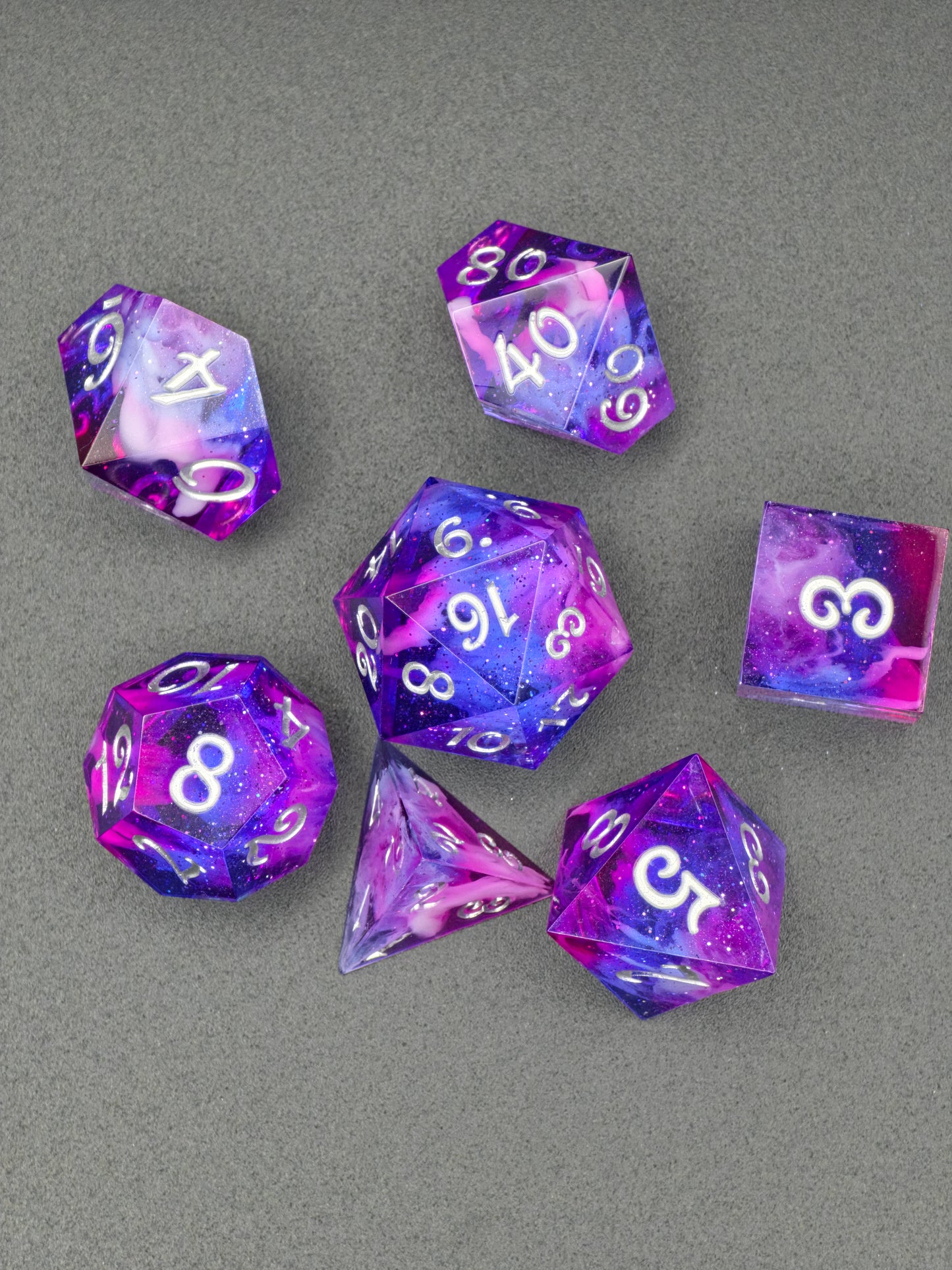 Nebula Heart Galaxy – Polyhedral Dice Set | Pink-Purple-Blue Galaxy & Cloud Petri Effect | Resin D&D Dice Set with Silver Numbers | Handmade
