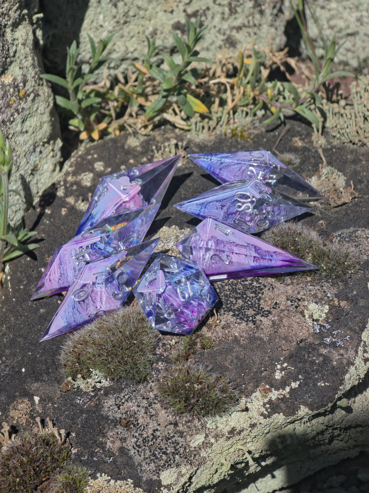 Aether Bloom Elongated Petri Dice Set – Handmade Resin Dice, Purple Blue Petri Effect, Unique Long Dice, DnD Dice, Collector Dice