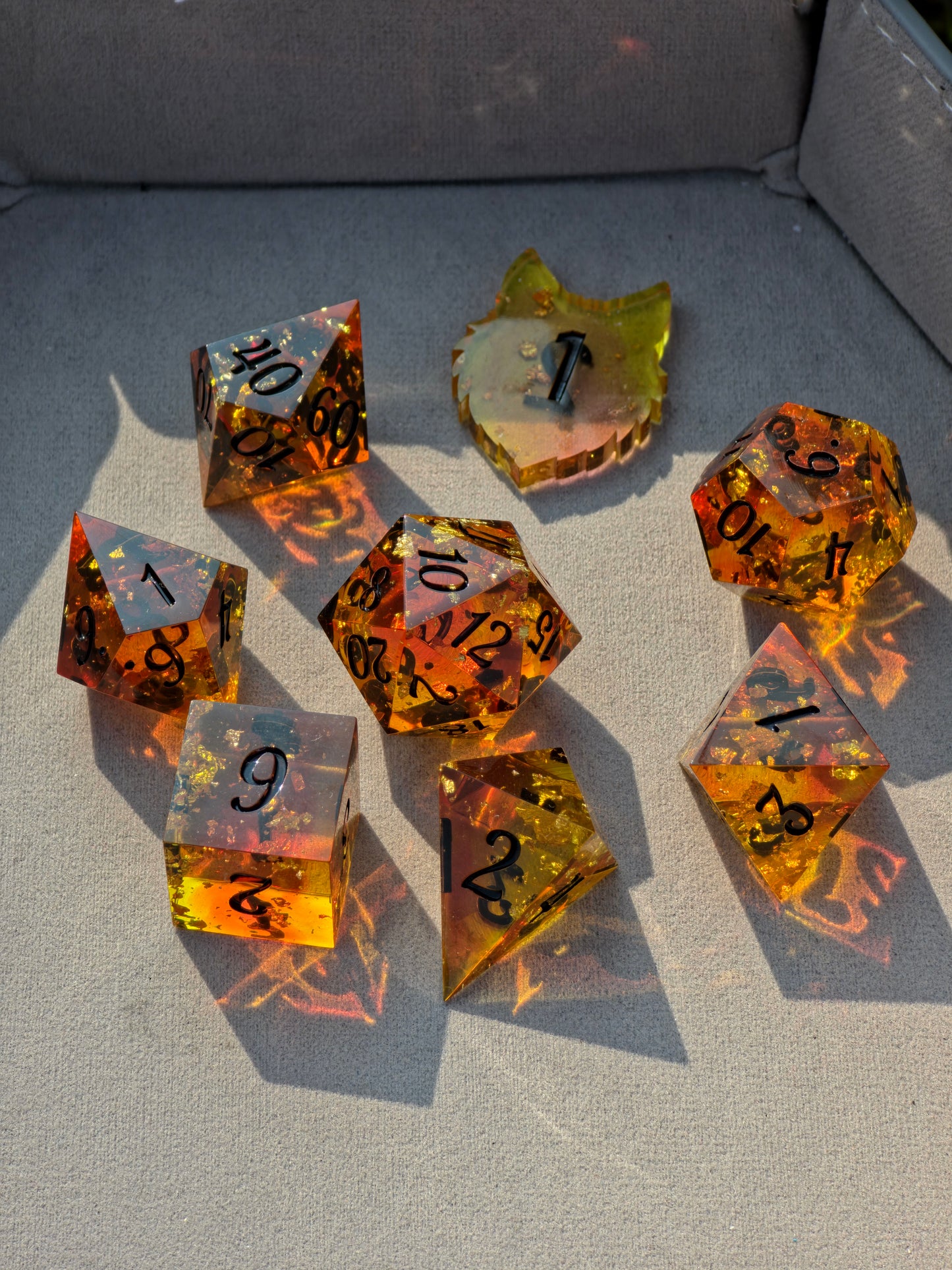 Amber Dice Set "Golden Resin Amber" - 8 Dice Set with Gold Flakes, Honey Amber Effect | Black Numbers | Handmade Sharp Edge TTRPG Dice