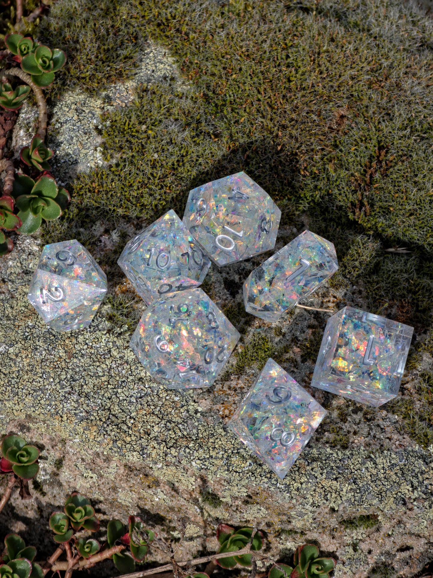 Iridescent Opal Dice Set – Clear Resin DnD Dice with Rainbow Flakes, Prism Light Effect, Sharp Edge Fantasy Dice, Handmade TTRPG Set