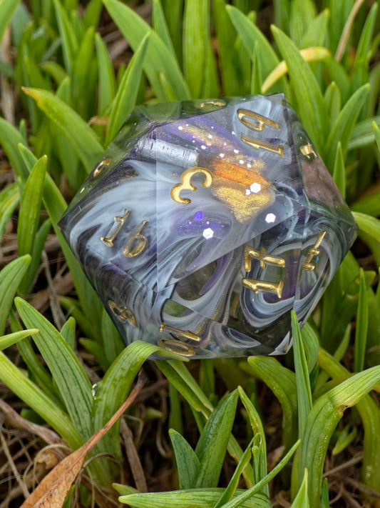 Chonk D20 "Riftblade Echo" - 35mm Resin Die with Light Blade & Dimensional Mist, Gold Numbers | Handmade TTRPG Dice