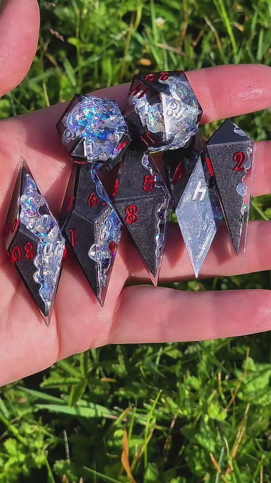 Geode Style Elongated Dice Set – Handmade Sharp Edge Dice with Opal Crystals, Red-Silver Numbers, Fantasy DnD Resin Dice (Eléras of Argent)