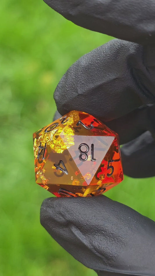 Polyhedral Single D20 – Amber Style | Handmade Resin D20 Dice in Gold Orange Transparent with Gold Leaf | Standard Size