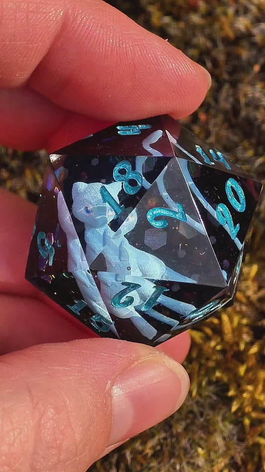 Shiny Mew's Stardust Shiny Mew D20 35mm – Pokémon Inspired Handmade Resin Dice | Custom Sharp Edge Chonk D20 for DnD, RPG & Collectors