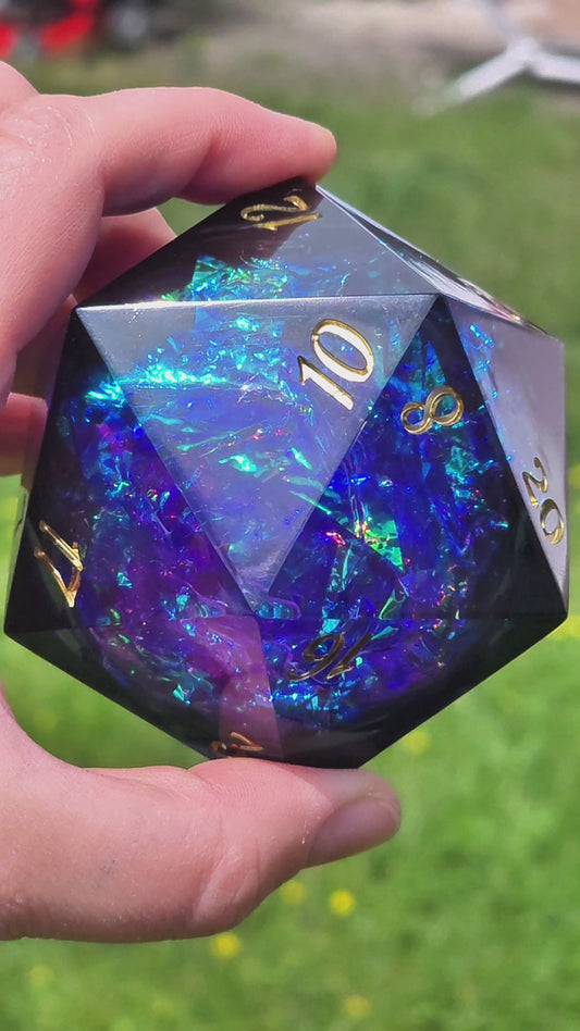 Voidheart Opal - Black Opal with Lilac Splash – 65 mm Chonk D20, Handmade Sharp Edge Resin Dice (Lio)