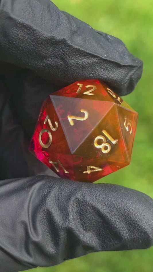 Polyhedral Single D20 – Fire Amber Cloud Dice | Handmade D20 die made of resin in red gold transparent with black cloud effect