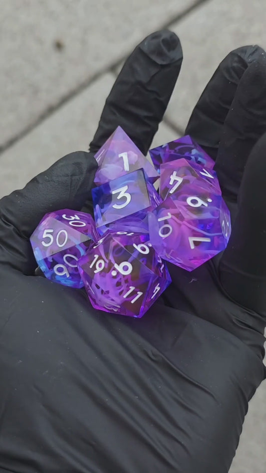 Polyhedral Aurora D&amp;D Dice Set, 7 Pieces – Cloud Nebula Mystic Blossom Dice | Handmade Resin Dice in Purple, Pink, and Blue | TTRPG Fantasy