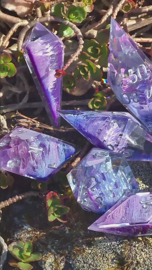 Aether Bloom Elongated Petri Dice Set – Handmade Resin Dice, Purple Blue Petri Effect, Unique Long Dice, DnD Dice, Collector Dice