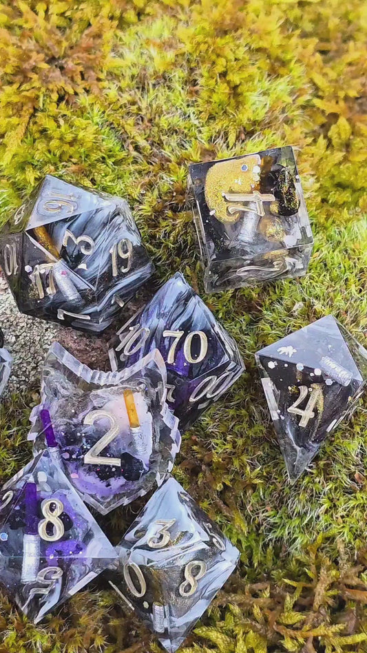 Polyhedral Dice Set "Void Sabers" - Handmade Resin Dice with Light Blades & Mist Effect | 8-Piece DnD TTRPG Set