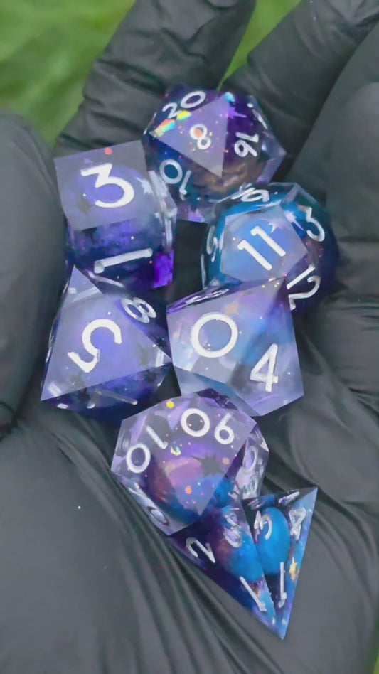 Polyhedral Planet Cosmos DnD Dice Set, 7 Pieces – Galaxy Blue Universe Dice | Handmade Resin Dice with Planets for Pen &amp; Paper TTRPG