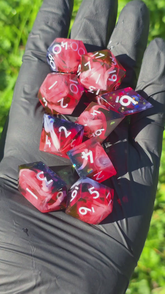 Polyhedral Blood &amp; Mist Dice – inspired by Astarion from Baldur's Gate 3 Handmade DnD Dice Set of 9 – Blood Red, White Mist, Black Shadows