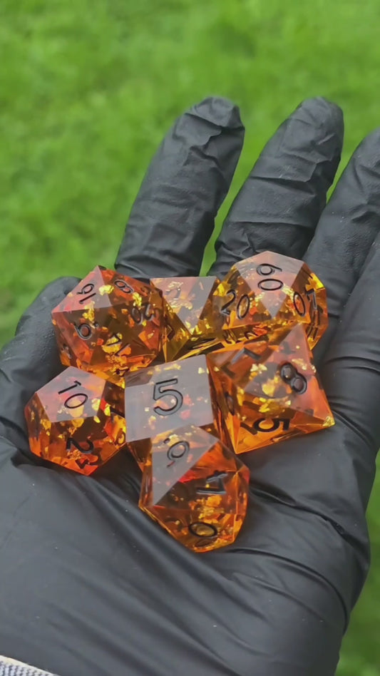 Polyhedral D&amp;D Dice Set, 7 Pieces – Amber Dice Set | Handmade Resin Dice in Gold Orange Transparent | TTRPG D&amp;D Pathfinder