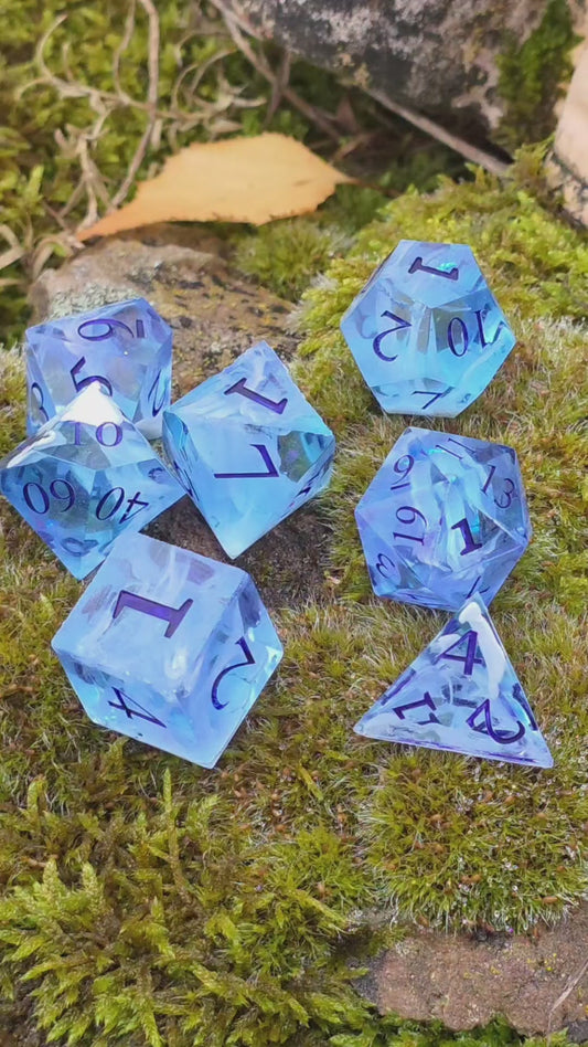 Handmade D&amp;D Dice Set, 7 Pieces – Polyhedral Resin Dice – Sky in Hand, Cloud Design – For Dungeons and Dragons, TTRPG &amp; Collectors