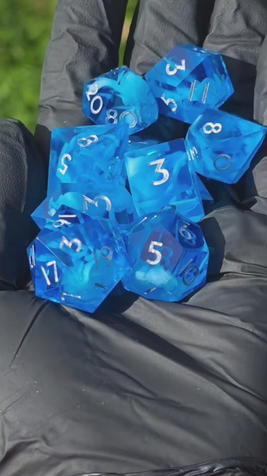 Polyhedral D&amp;D Dice Set, 9 Pieces – Arctic Sky Cloud Dice | Handmade Resin Dice in Ice Blue Transparent with Cloud Effect &amp; Silver Number