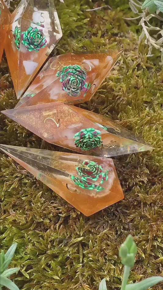 Verdant Ember Grove Succulent Nature Dice Set – Handmade Resin DnD Dice with Succulents, Elongated Sharp Edge RPG Dice, Fantasy Dice Set
