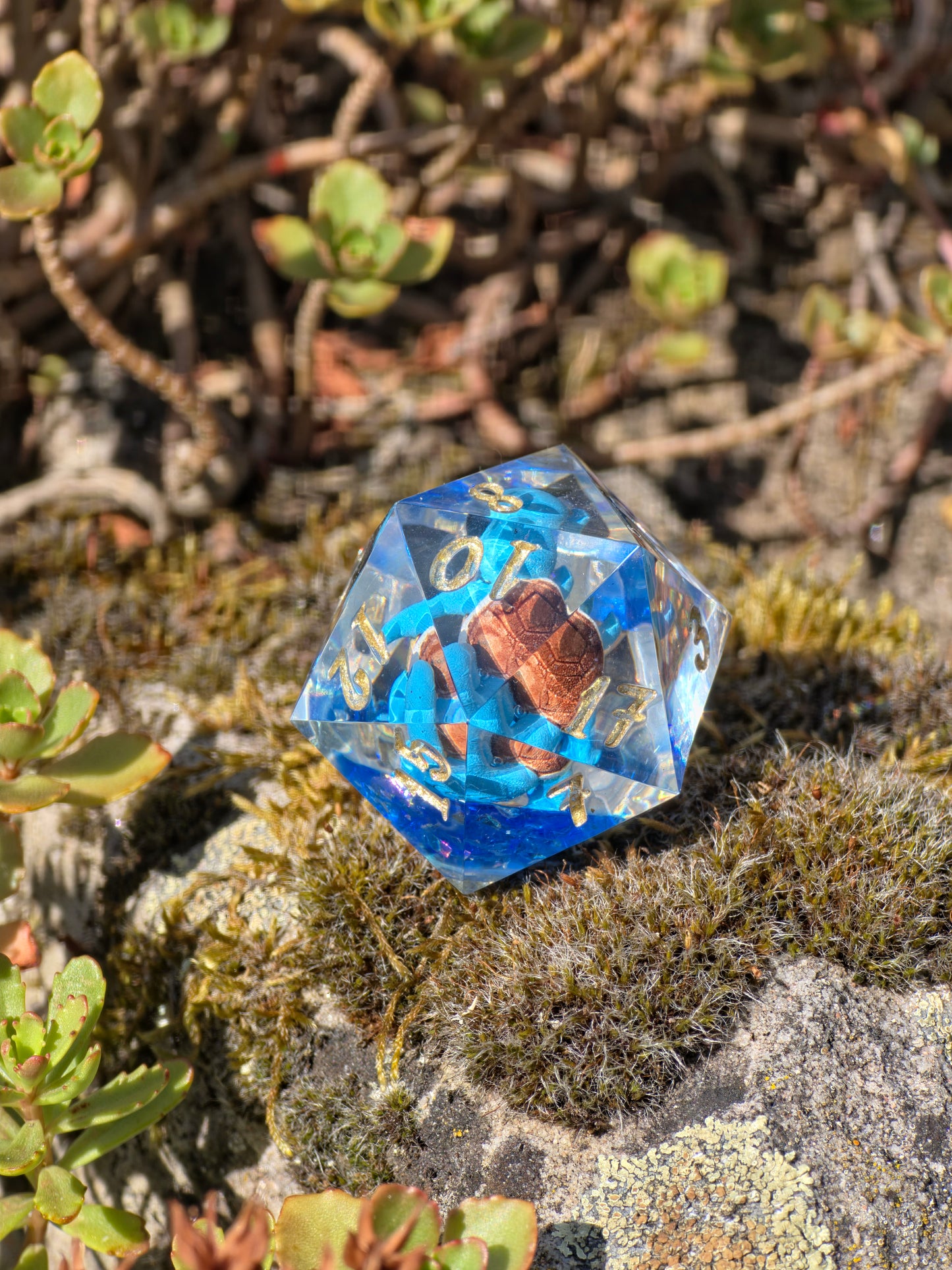 Shiggy – Summer Galaxy D20 35 mm – Pokémon-inspirierter Resin Würfel mit Sonnenbrille | Galaxy Design | Handgefertigter DnD Würfel