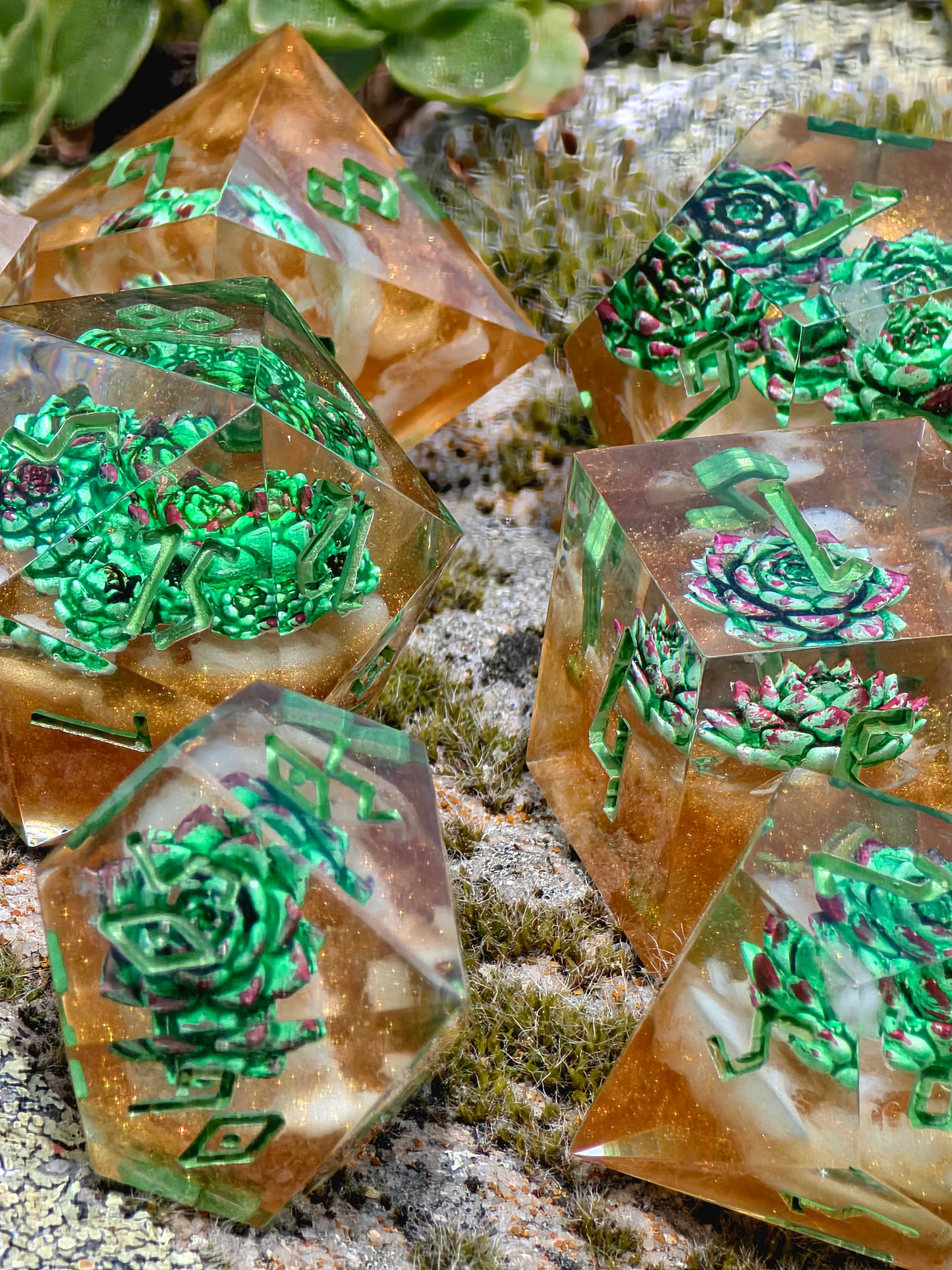 DnD Würfel Set Succulenten – Handgemachte Resin Würfel, Grün Gold Dice, Fantasy Würfel Set, RPG Dice,Mini succulent inserts, Nature
