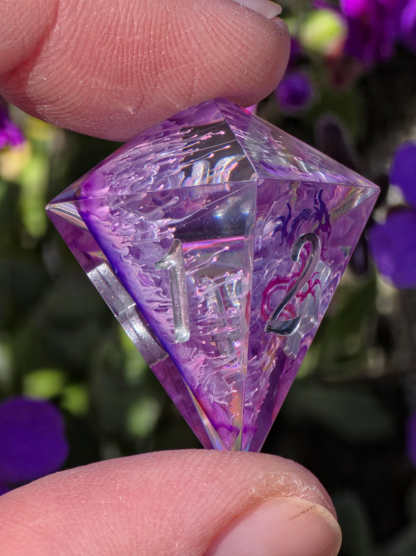 Fantasy Dragon Dice Set – Purple Pink Petri Resin Dice with Dragon Inside, Sharp Edge DnD Dice, Handmade TTRPG Dice