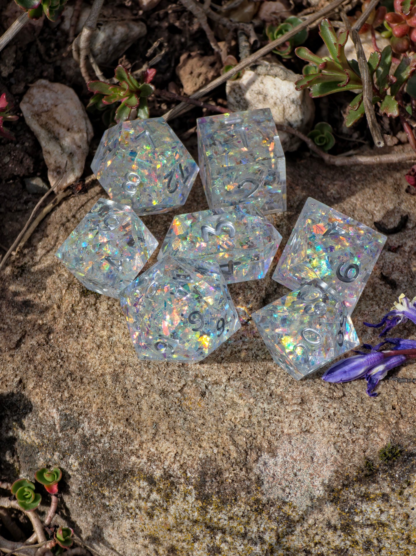 Iridescent Opal Dice Set – Clear Resin DnD Dice with Rainbow Flakes, Prism Light Effect, Sharp Edge Fantasy Dice, Handmade TTRPG Set