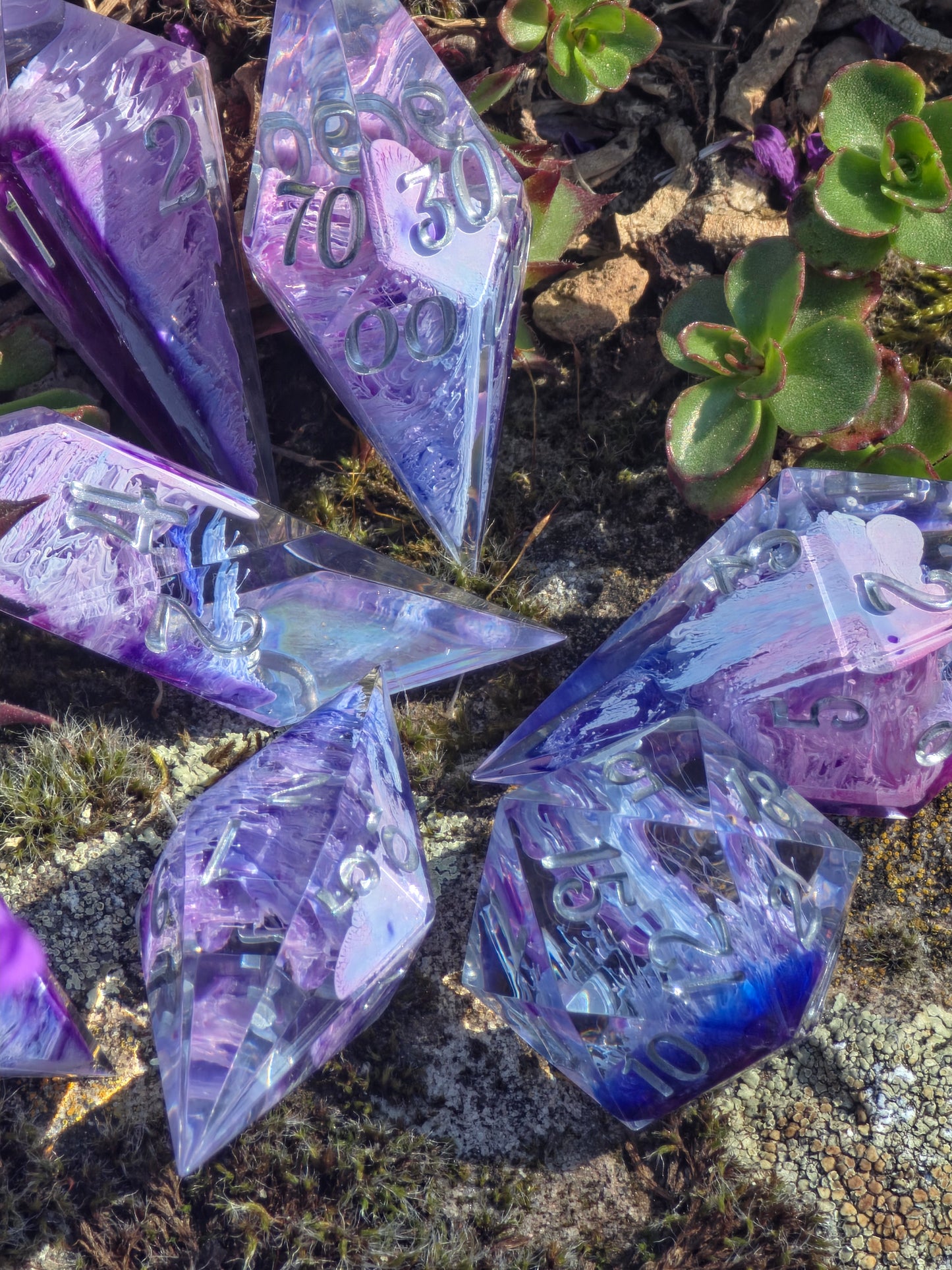 Aether Bloom Elongated Petri Dice Set – Handmade Resin Dice, Purple Blue Petri Effect, Unique Long Dice, DnD Dice, Collector Dice