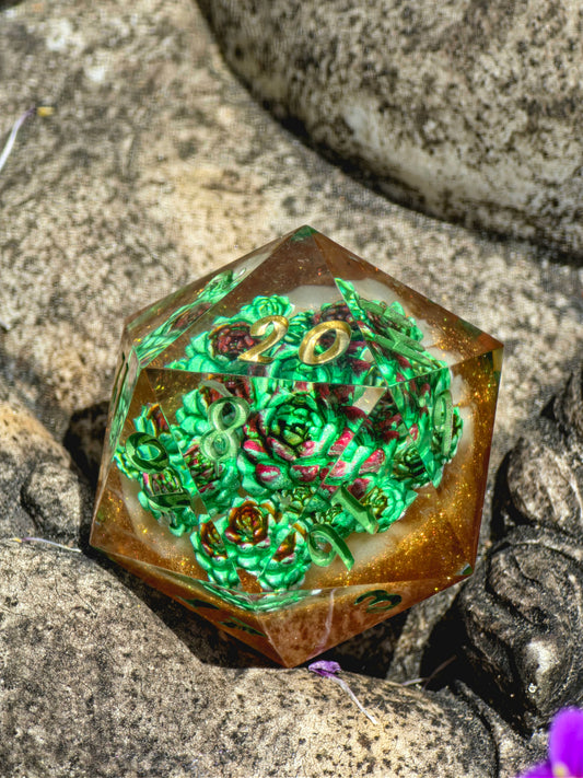 D20 Die 35mm Succulent - Handmade Resin Dice, Green Gold DnD Dice, Single RPG Die, Gift for Gamers