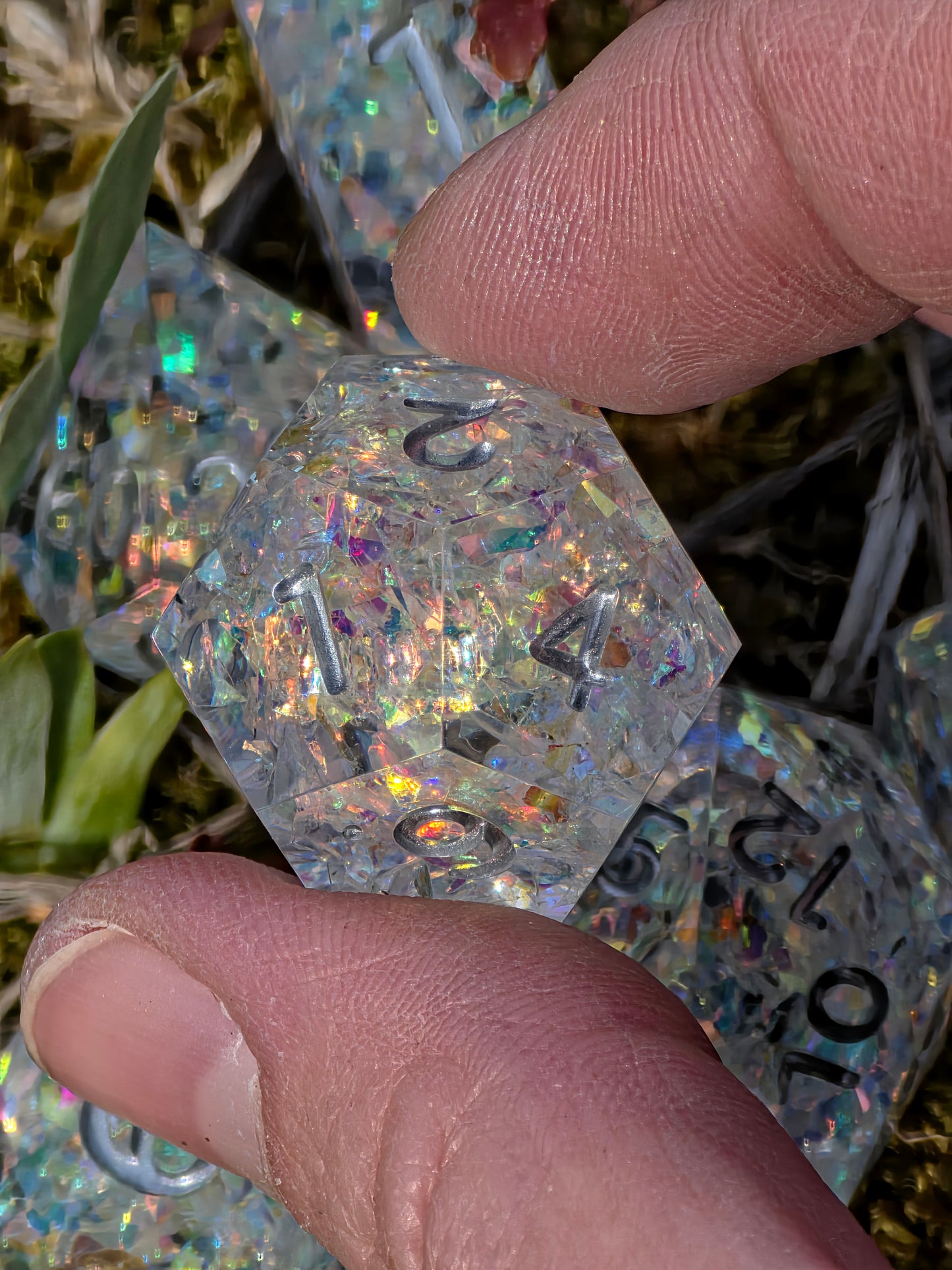 Iridescent Opal Dice Set – Clear Resin DnD Dice with Rainbow Flakes, Prism Light Effect, Sharp Edge Fantasy Dice, Handmade TTRPG Set