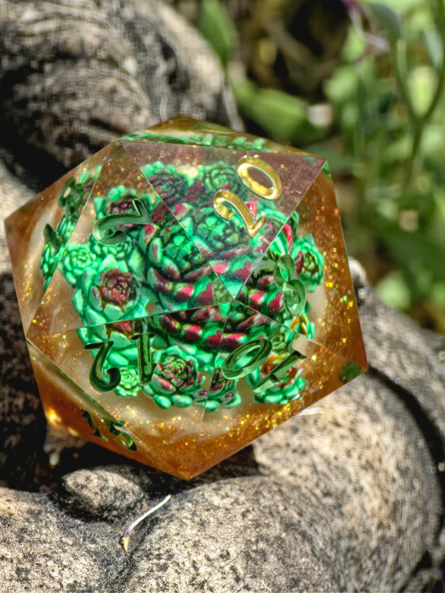 D20 Die 35mm Succulent - Handmade Resin Dice, Green Gold DnD Dice, Single RPG Die, Gift for Gamers