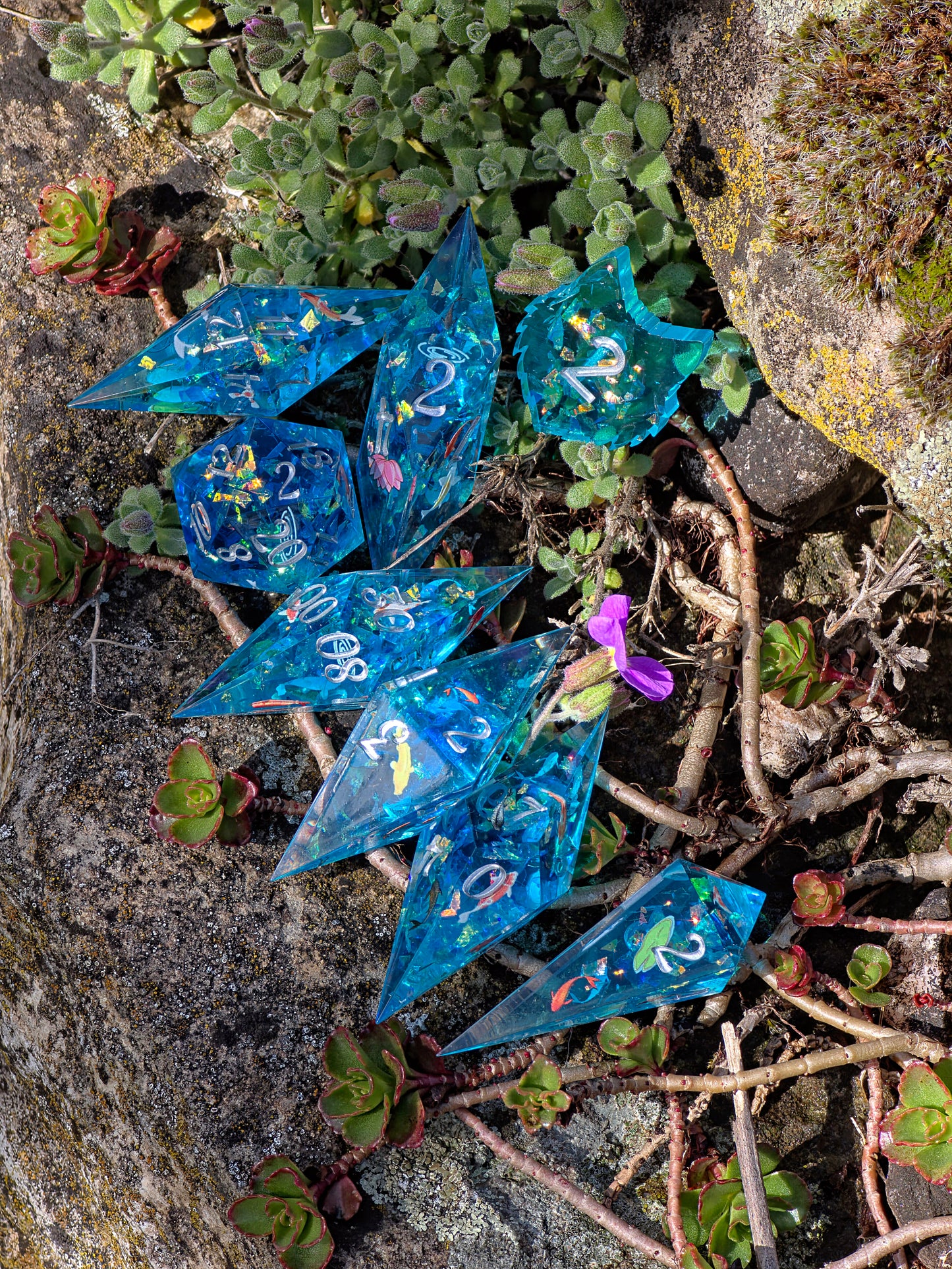 Koi Pond Dice Set – Japanese Koi Fish Resin Dice , Elongated Sharp Edge DnD Dice Set, Blue Water Fantasy Dice, Handmade TTRPG Dice 8pc