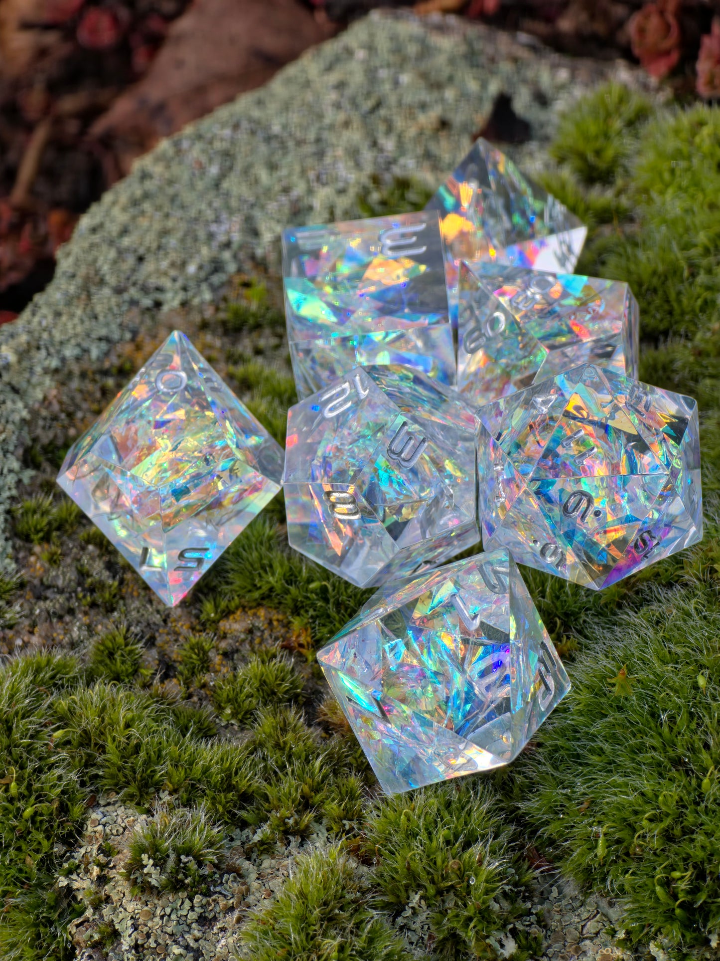 Prismatic Aether – Crystal Fragment of First Magic | Holographic Rainbow Dice Set | Handmade Resin D&amp;D Dice | Clear &amp; Iridescent