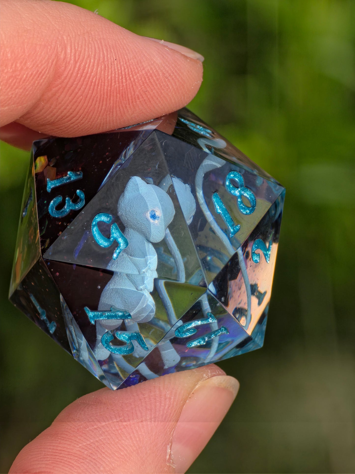 Shiny Mew's Stardust Shiny Mew D20 35mm – Pokémon Inspired Handmade Resin Dice | Custom Sharp Edge Chonk D20 for DnD, RPG & Collectors