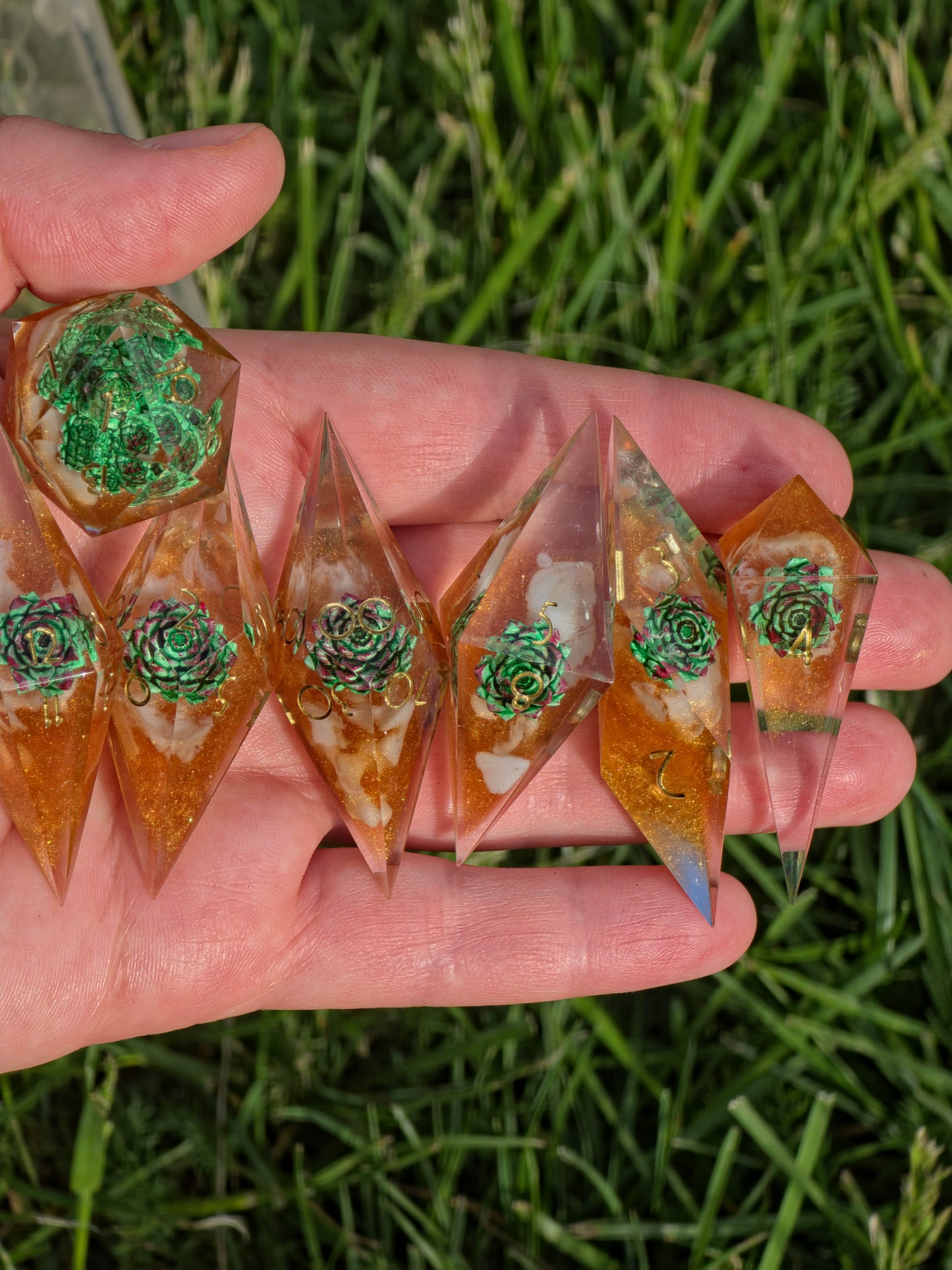 Verdant Ember Grove Succulent Nature Dice Set – Handmade Resin DnD Dice with Succulents, Elongated Sharp Edge RPG Dice, Fantasy Dice Set