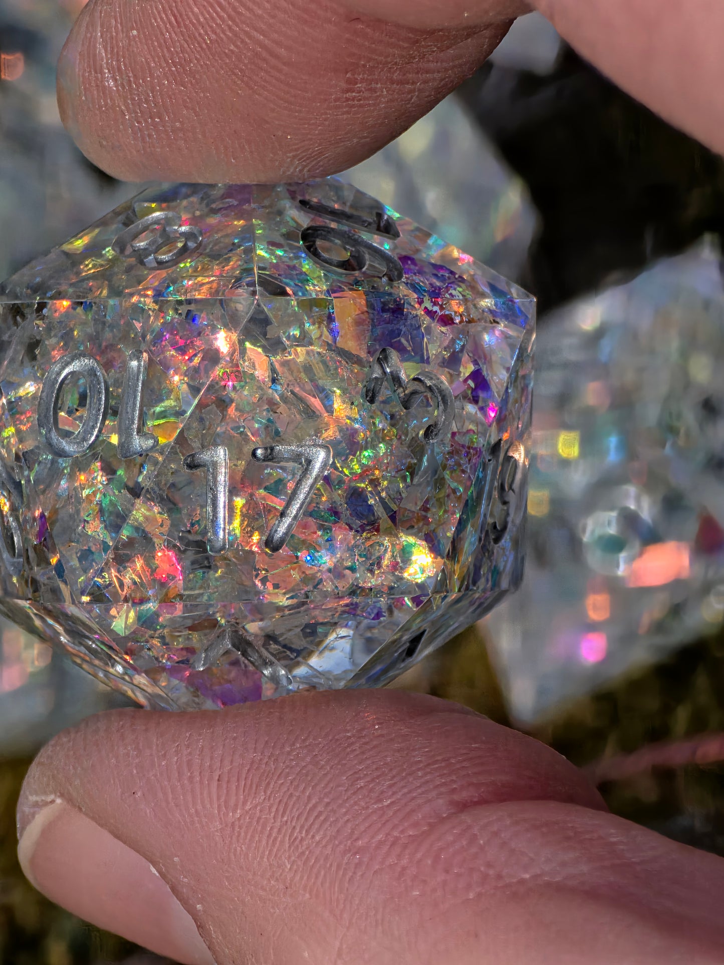 Iridescent Opal Dice Set – Clear Resin DnD Dice with Rainbow Flakes, Prism Light Effect, Sharp Edge Fantasy Dice, Handmade TTRPG Set