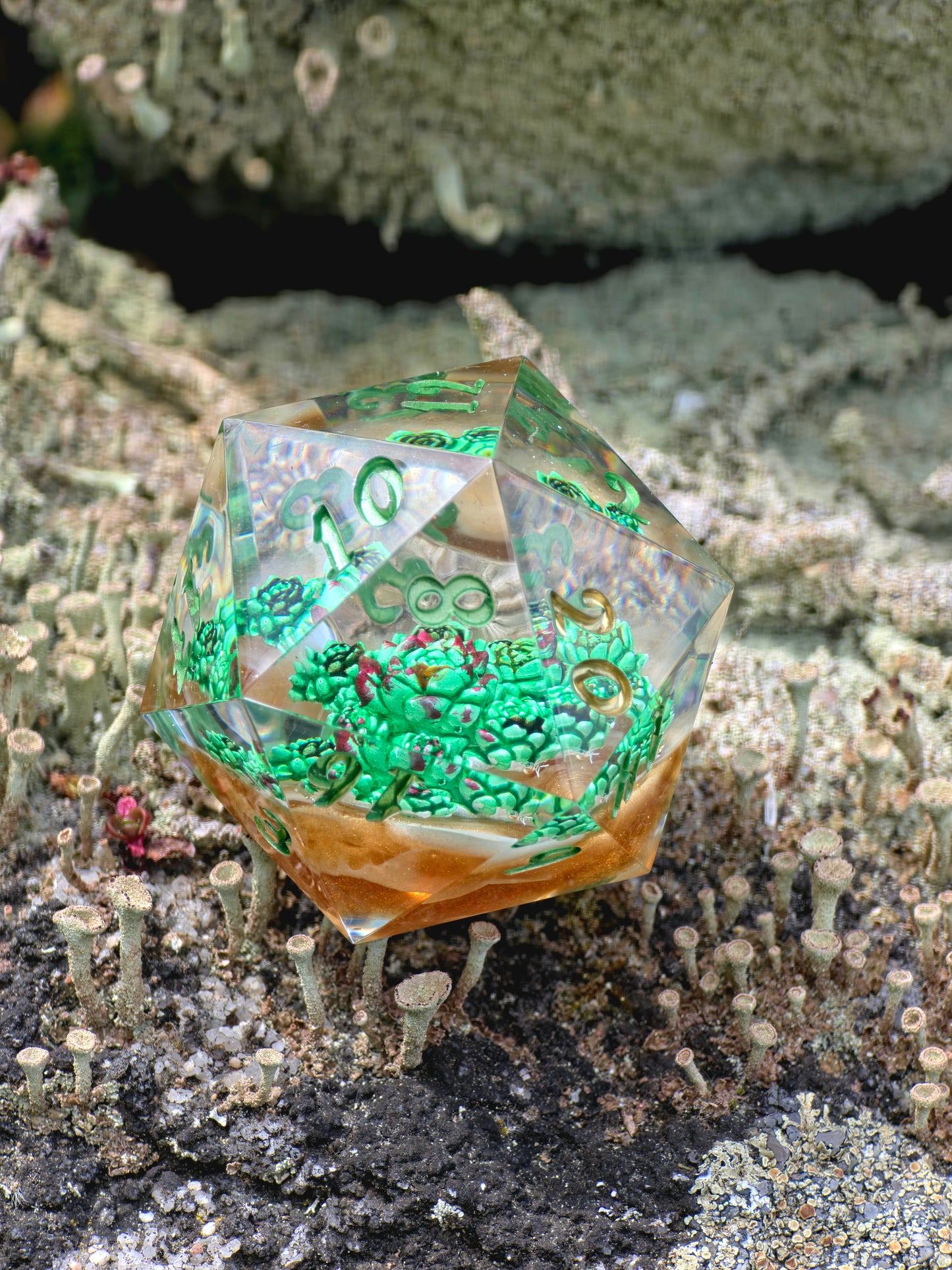 D20 Dice 40mm Succulent – Large Handmade Resin Dice, Green Gold DnD Dice, Premium RPG Single Die