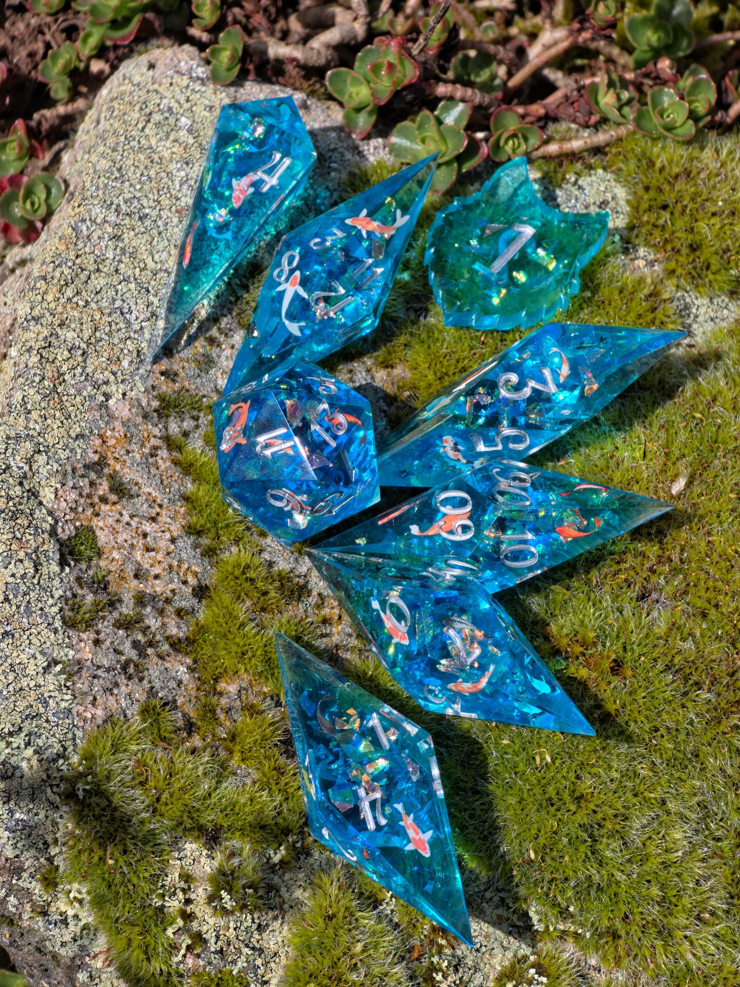 Koi Pond Dice Set – Japanese Koi Fish Resin Dice , Elongated Sharp Edge DnD Dice Set, Blue Water Fantasy Dice, Handmade TTRPG Dice 8pc