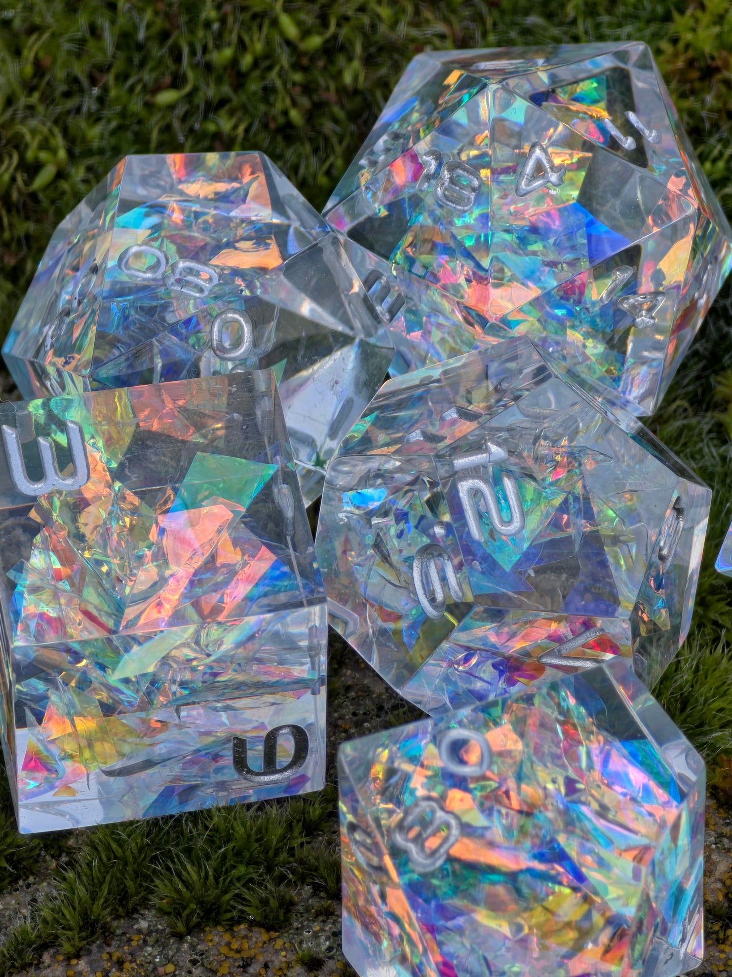 Prismatic Aether – Crystal Fragment of First Magic | Holographic Rainbow Dice Set | Handmade Resin D&amp;D Dice | Clear &amp; Iridescent
