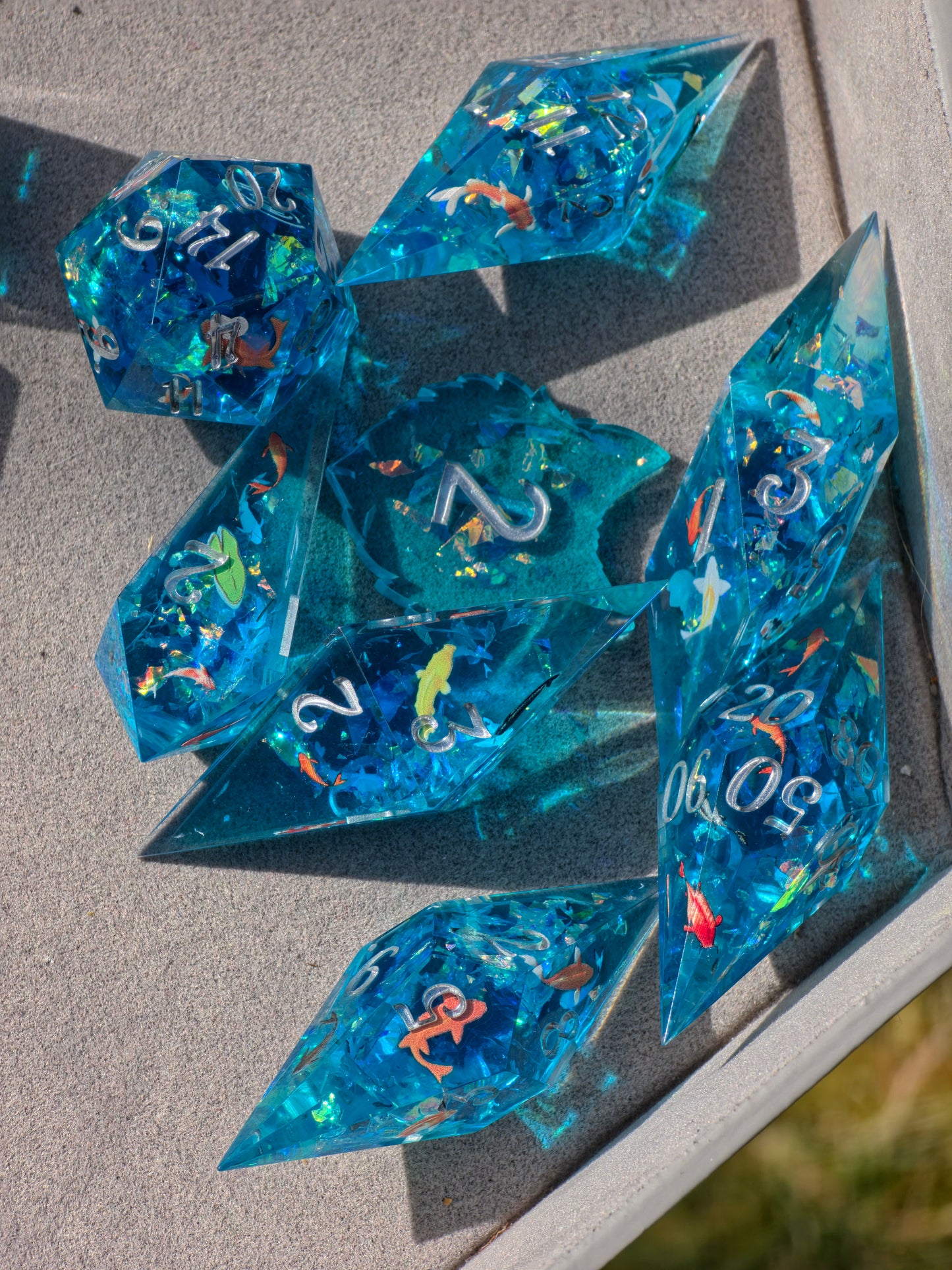 Koi Pond Dice Set – Japanese Koi Fish Resin Dice , Elongated Sharp Edge DnD Dice Set, Blue Water Fantasy Dice, Handmade TTRPG Dice 8pc