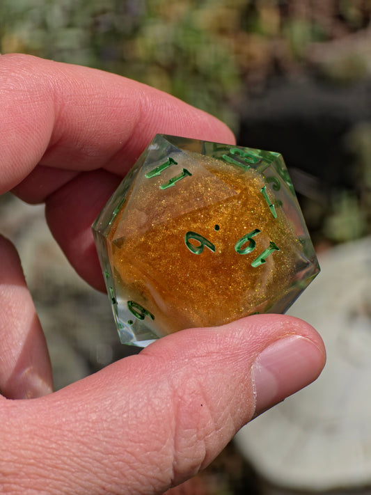 D20 Dice 40mm Succulent – Large Handmade Resin Dice, Green Gold DnD Dice, Premium RPG Single Die