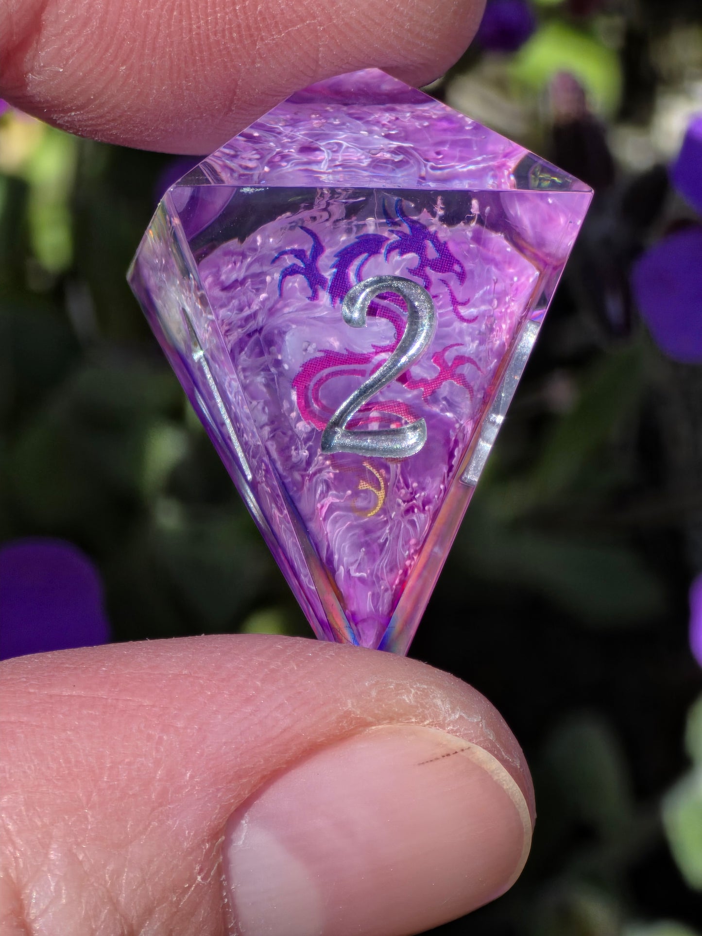 Fantasy Dragon Dice Set – Purple Pink Petri Resin Dice with Dragon Inside, Sharp Edge DnD Dice, Handmade TTRPG Dice