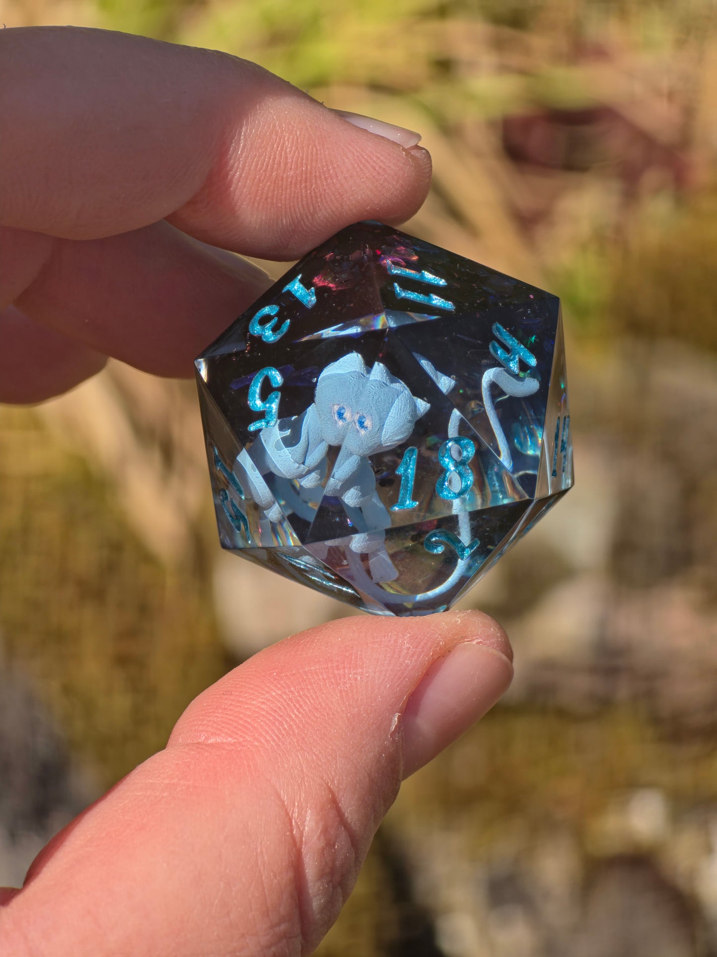 Shiny Mew's Stardust Shiny Mew D20 35mm – Pokémon Inspired Handmade Resin Dice | Custom Sharp Edge Chonk D20 for DnD, RPG & Collectors