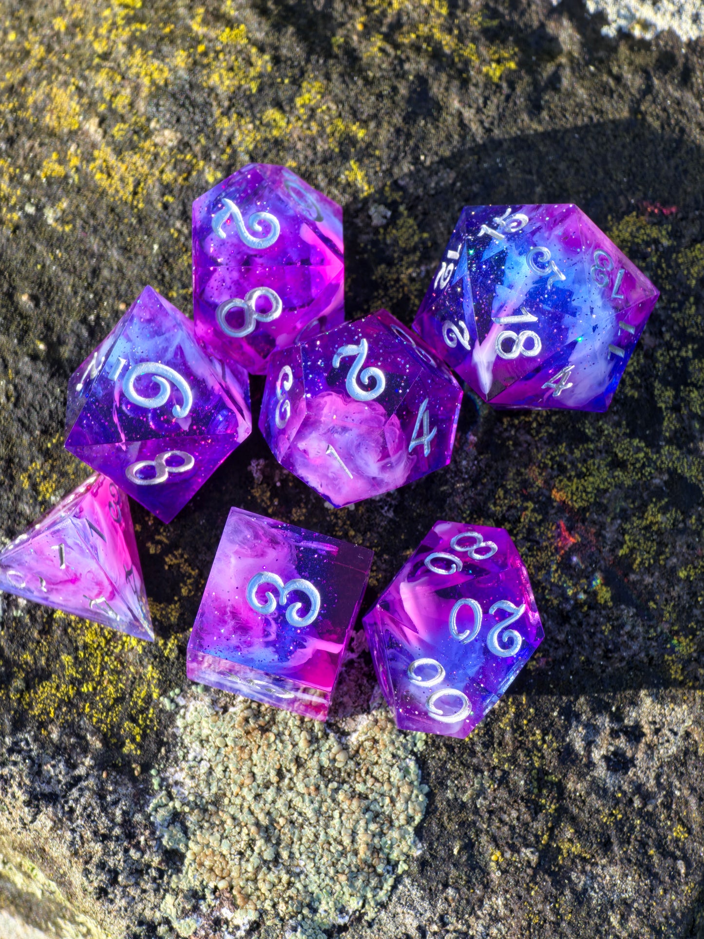 Nebula Heart Galaxy – Polyhedral Dice Set | Pink-Purple-Blue Galaxy &amp; Cloud Petri Effect | Resin D&amp;D Dice Set with Silver Numbers | Handmade