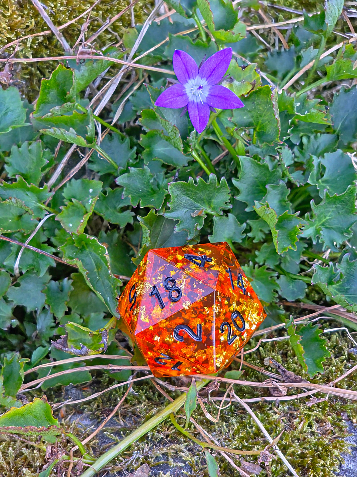 Chonk Polyedrischer D20 Würfel 35mm im Bernstein Stil – Handgemachter Large Resin Amber Dice für DnD, TTRPG & Sammler