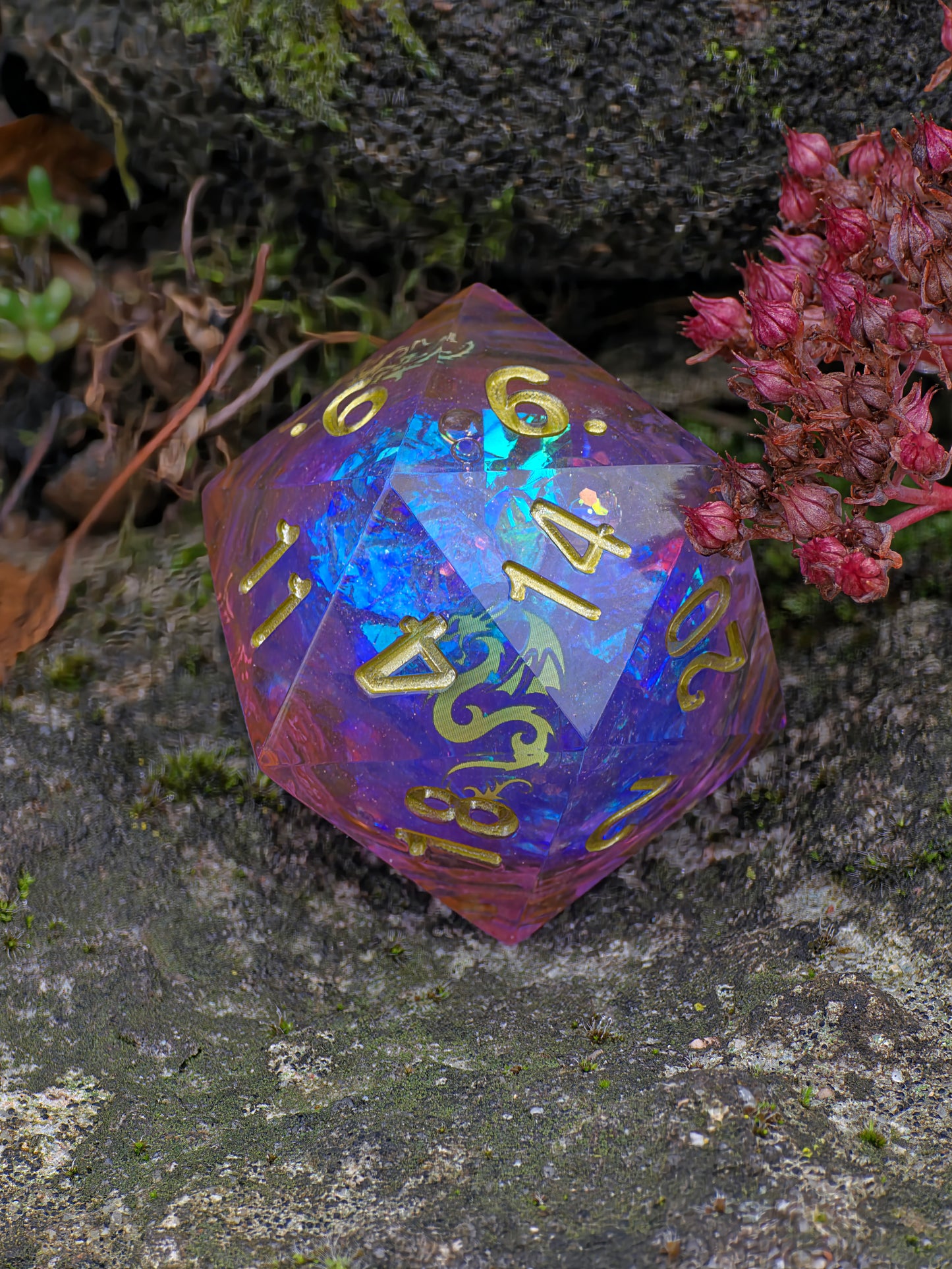 Polyedrischer Chonk D20 Liquid Core Dice 35 mm – Dragon Spirit Edition | Handgemachter Resin Würfel mit Drachen & Galaxy Look | DnD Dice