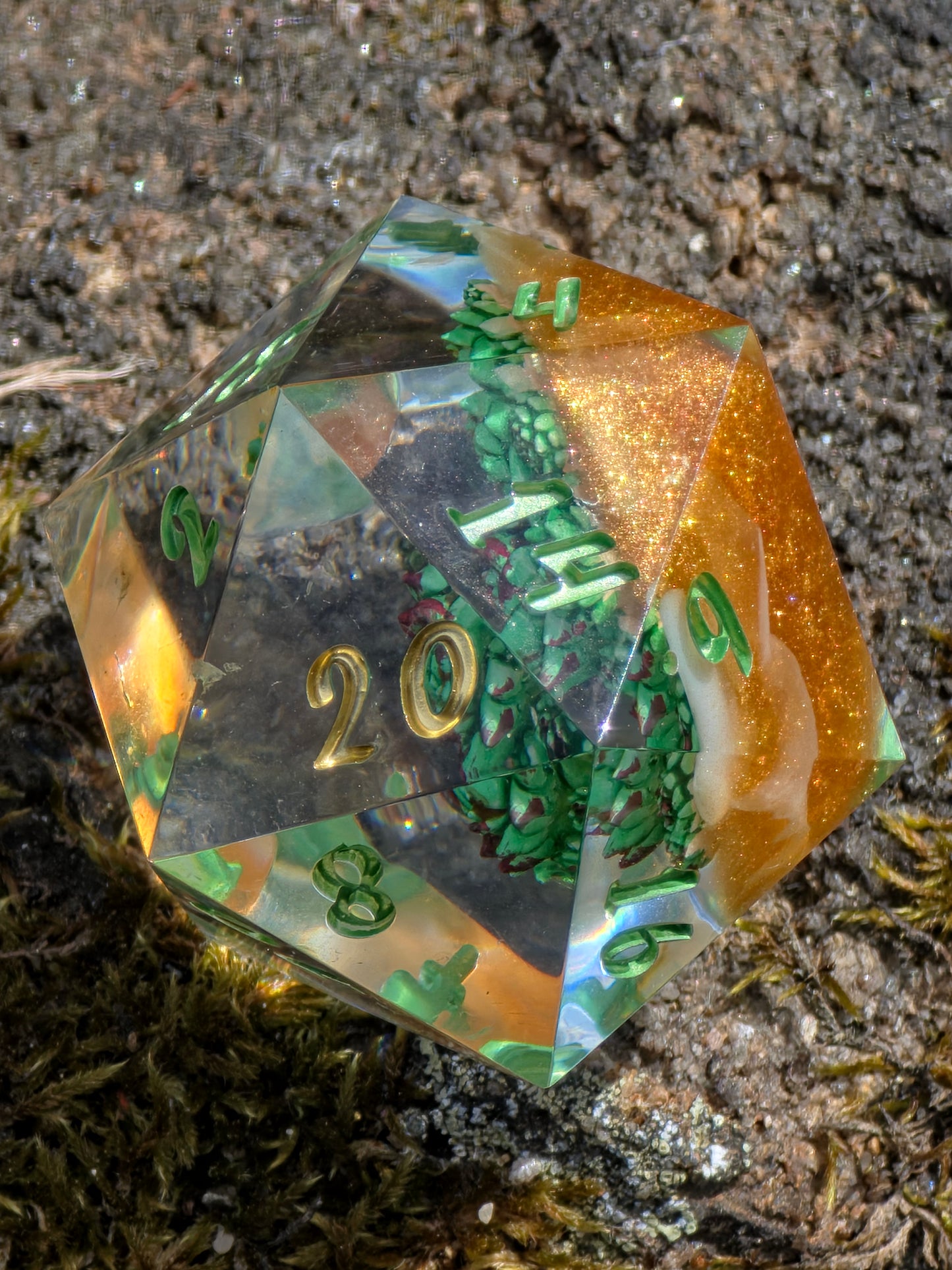 D20 Dice 40mm Succulent – Large Handmade Resin Dice, Green Gold DnD Dice, Premium RPG Single Die