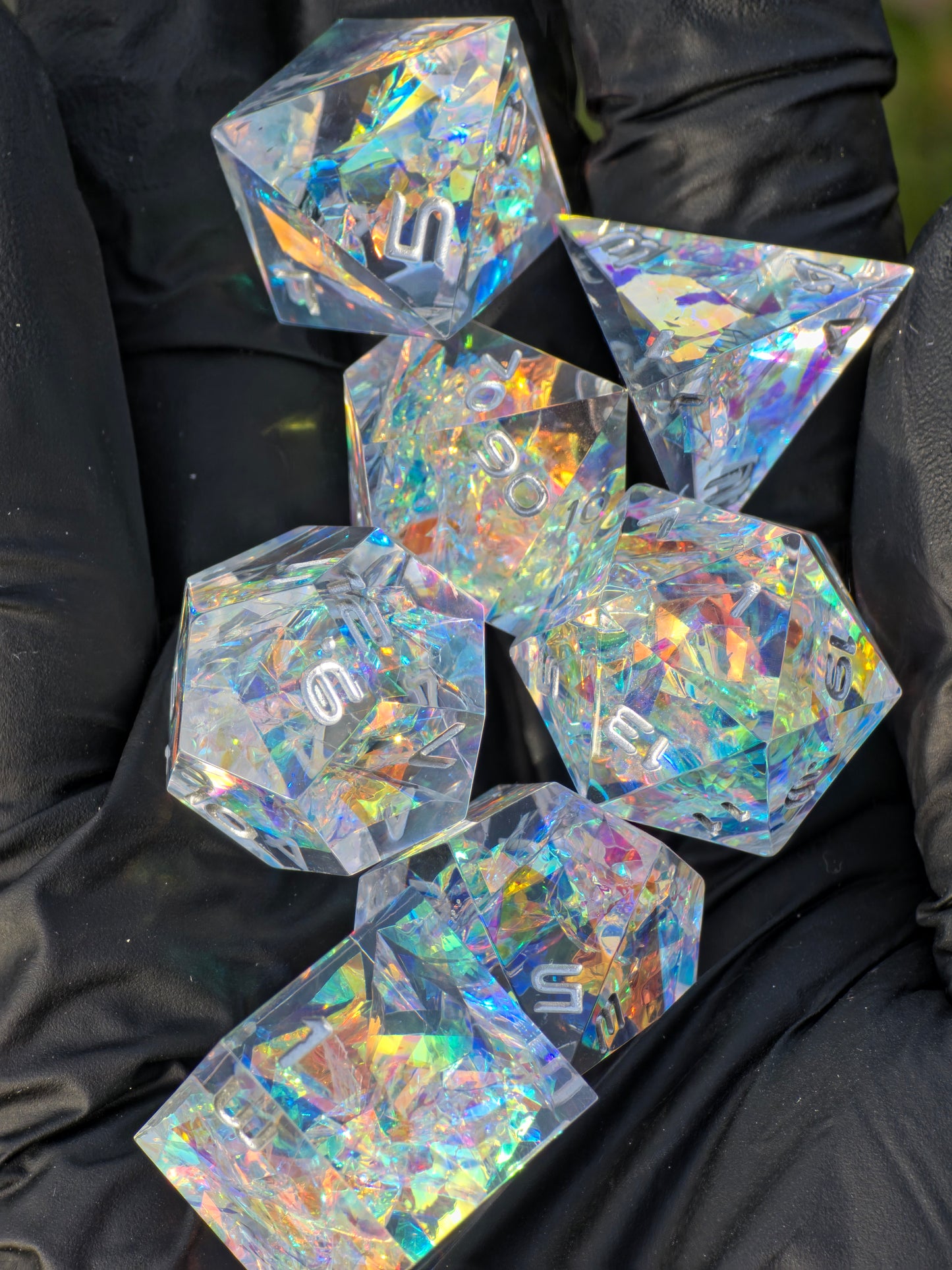 Prismatic Aether – Crystal Fragment of First Magic | Holographic Rainbow Dice Set | Handmade Resin D&amp;D Dice | Clear &amp; Iridescent