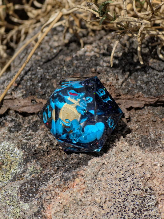 🌟Shiggy – Galactic Vacation D20 35 mm – Pokémon-inspirierter Galaxy Resin Würfel mit Sonnenbrille | Handgefertigter Chonk DnD Würfel