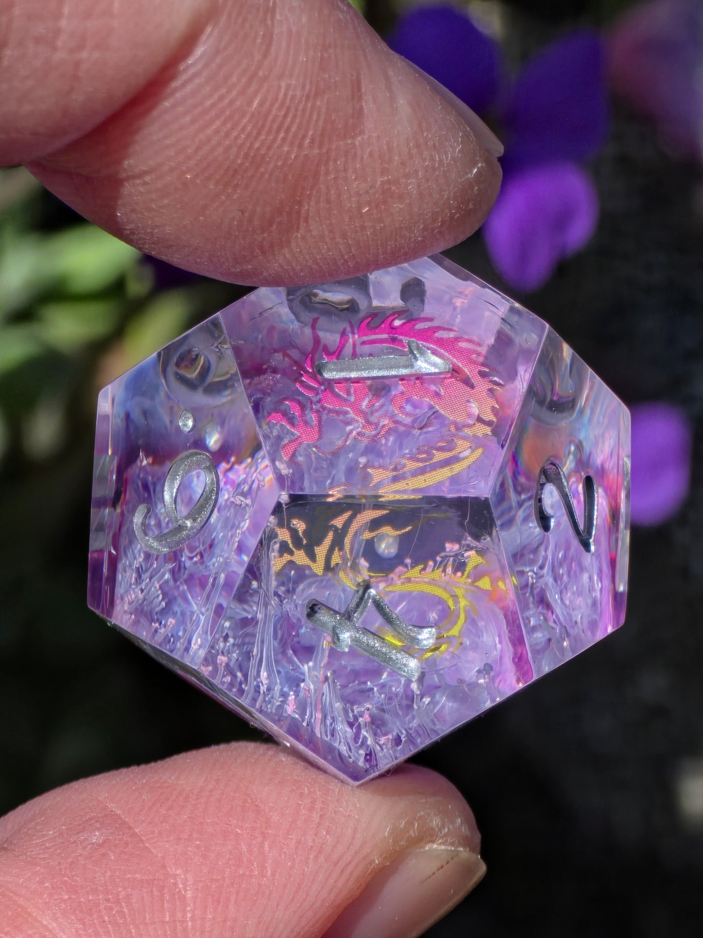 Fantasy Dragon Dice Set – Purple Pink Petri Resin Dice with Dragon Inside, Sharp Edge DnD Dice, Handmade TTRPG Dice