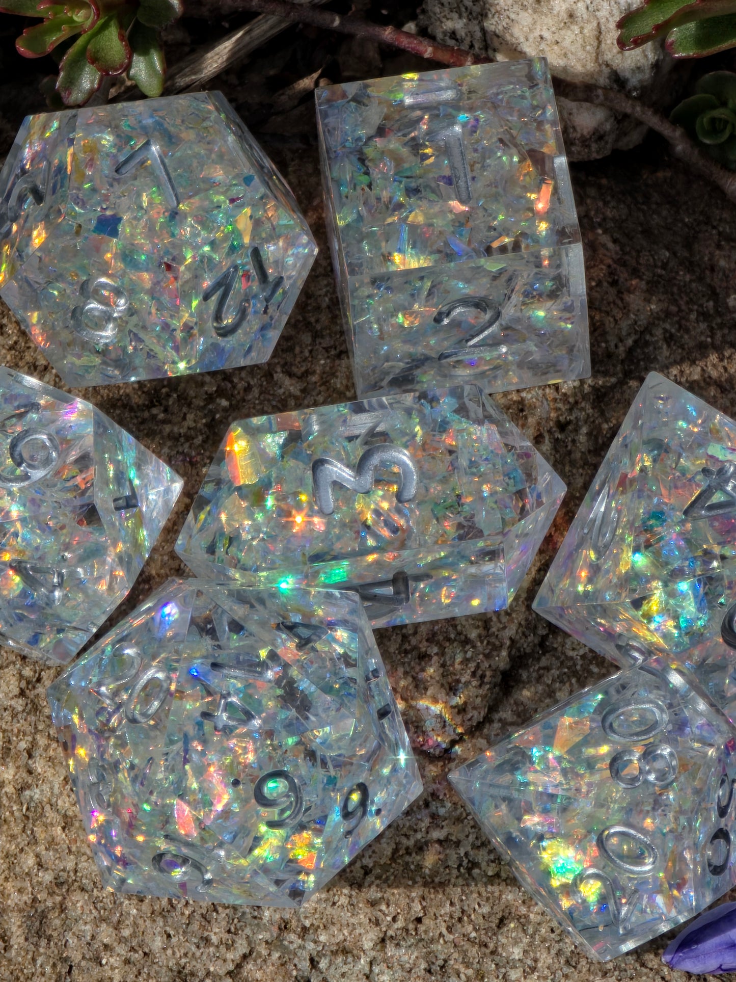 Iridescent Opal Dice Set – Clear Resin DnD Dice with Rainbow Flakes, Prism Light Effect, Sharp Edge Fantasy Dice, Handmade TTRPG Set