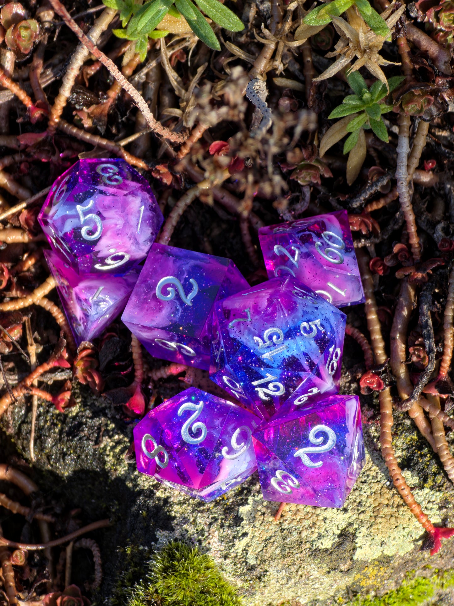 Nebula Heart Galaxy – Polyhedral Dice Set | Pink-Purple-Blue Galaxy &amp; Cloud Petri Effect | Resin D&amp;D Dice Set with Silver Numbers | Handmade